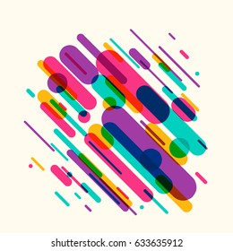 Vector illustration of dynamic composition made of various colored rounded shapes lines in diagonal rhythm. Minimalistic motion design