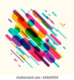 Vector illustration of dynamic composition made of various colored rounded shapes lines in diagonal rhythm. Minimalistic motion design