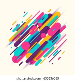 Vector illustration of dynamic composition made of various colored rounded shapes lines in diagonal rhythm. Minimalistic motion design