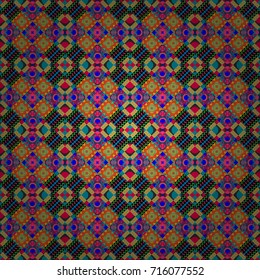 Vector illustration of dynamic composition made of green, orange and blue colors rounded shapes lines in diagonal rhythm seamless pattern.