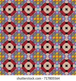 Vector illustration of dynamic composition made of blue, red and beige colors rounded shapes lines in diagonal rhythm seamless pattern.