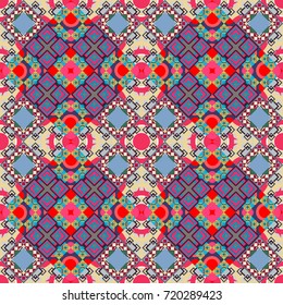 Vector illustration of dynamic composition made of violet, blue and pink colors rounded shapes lines in diagonal rhythm seamless pattern.