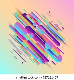 Vector illustration of dynamic composition made of various colored rounded shapes lines in diagonal rhythm. Minimalistic motion design