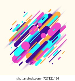 Vector illustration of dynamic composition made of various colored rounded shapes lines in diagonal rhythm. Minimalistic motion design