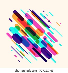 Vector illustration of dynamic composition made of various colored rounded shapes lines in diagonal rhythm. Minimalistic motion design