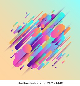 Vector illustration of dynamic composition made of various colored rounded shapes lines in diagonal rhythm. Minimalistic motion design