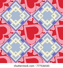 Vector illustration of dynamic composition made of pink, blue and red colors rounded shapes lines in diagonal rhythm seamless pattern.
