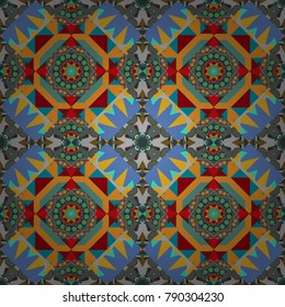 Vector illustration of dynamic composition made of blue, yellow and brown colors rounded shapes lines in diagonal rhythm seamless pattern.