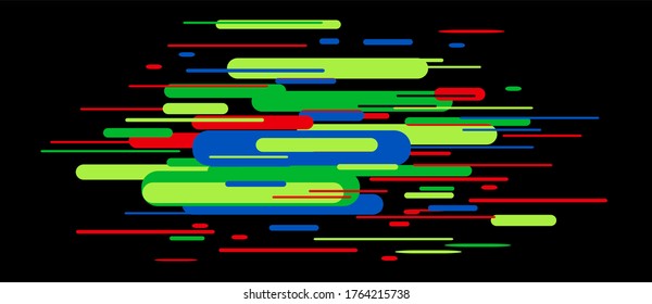 Vector illustration, dynamic composition of various colored rounded line shapes in horizontal rhythm. Minimalistic motion design.