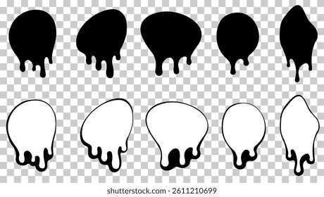 Vector illustration of dynamic dripping paint splatter designs in black and white, perfect for graphic and digital art projects
