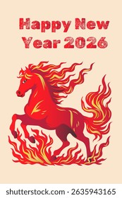 Ilustração vetorial de um cavalo vermelho dinâmico e ardente com chamas simbolizando energia e celebração. Ideal para cartões de Ano Novo 2026, projetos de feriados culturais.