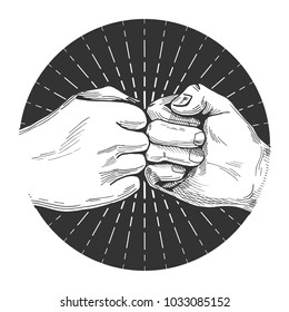 Vector illustration of a dynamic fist bump in a hand drawn vintage style