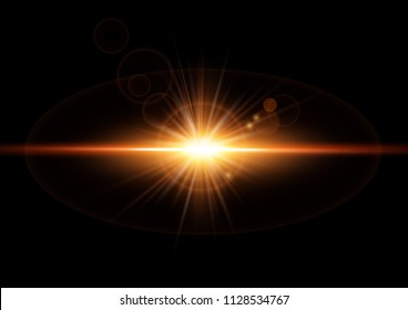 Vector illustration of dynamic golden glowing light effect with spotlight, stars, rays, sparkles, burst.Road speed lights in dark background. Car light in night time.