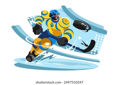 Ilustración vectorial del jugador dinámico de hockey sobre hielo en acción. El jugador se muestra patinando a alta velocidad, palo en mano y un disco en movimiento.