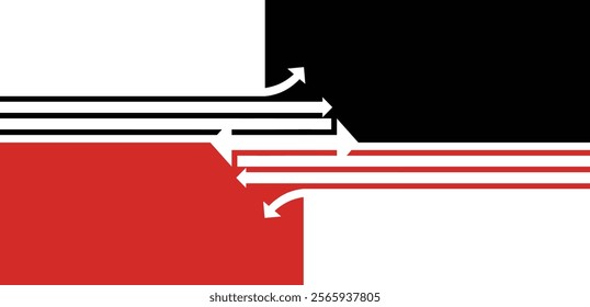 Vector illustration of dynamic intersections with opposing directional arrows converging, featuring a color block abstract design in red, black, and white.