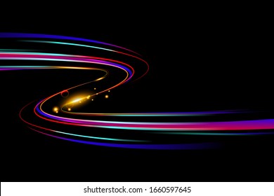 Vector Illustration Of Dynamic Lights In Dark. High Speed Road In Night Time Abstraction. City Road Car Light Trails Motion Background.