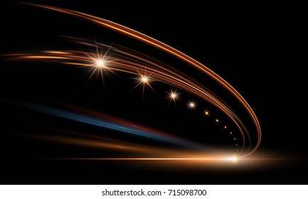 Vector illustration of dynamic lights in dark. High speed road in night time abstraction. City road car light trails motion background.