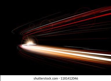 Vector Illustration Of Dynamic Lights Speed Road In Dark Background. Long Exposure Car Light Trails In Road Tunnel With Motion Red Effect. Night Time Abstraction.