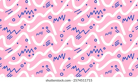 Vector illustration of Dynamic Lines and Shapes seamless pattern, modern-retro style, using white curves and graphic patterns on a pink background, for designing backgrounds, fabrics, publications, wa