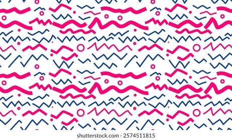 Vector illustration of Dynamic Lines and Shapes seamless pattern in pink and blue including simple circle dots, modern minimalist for design backgrounds, fabrics, prints, wallpapers, decorations