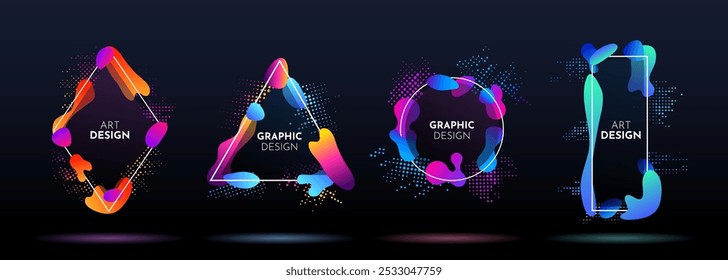 Vector illustration. Dynamic liquid shapes with gradient color. Halftone pattern abstract frames. Fluid modern aesthetic border with bright neon hues. Design for web banner, flyer, poster, cover, card