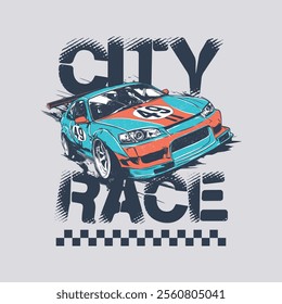 
Vector illustration of a dynamic racing car with number 49, styled for a street race theme. Featuring bold "City Race" typography and checkered patterns, perfect for t-shirt prints