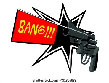 Vector illustration of the dynamic shot from gun drawn in pop art style. Flag joke.