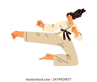 Vector illustration of a dynamic training of a young karate girl in a jump demonstrating the skill and strength of a kick, highlighted on a white background