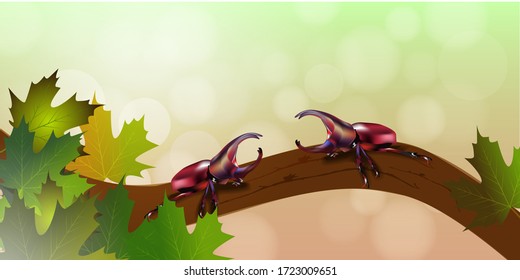 Vector - Illustration of  Dynastinae Rhinoceros Beetle, Horn Beetle, kabutomushi Hanging on the Tree