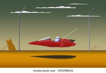 Vector illustration of a dystopian landscape with a red hover car and jet pilot onboard flying over a yellow postapocalyptic desert. Cyberpunk aircraft concept.