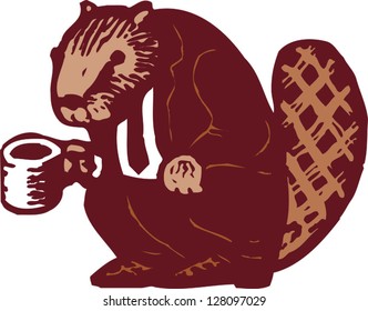 Vector Illustration Of Eager Beaver With Cup Of Coffee