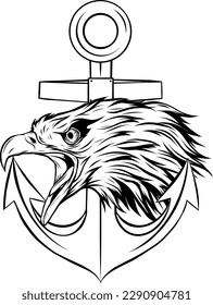 vector illustration of Eagle with Anchor. Monochrome tattoo style.