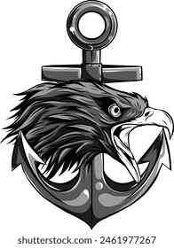 vector illustration of Eagle with Anchor. Monochrome tattoo style.