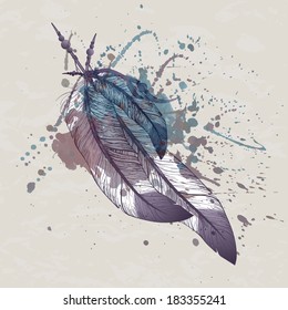 Vector illustration of eagle feathers with watercolor splash