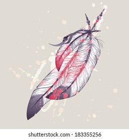 Vector illustration of eagle feathers with watercolor splash