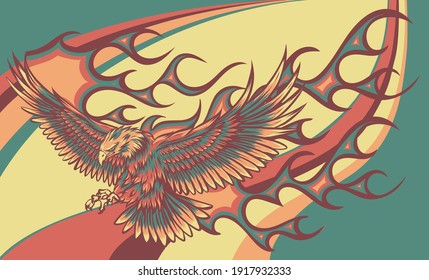 vector illustration of eagle with flames on colored background