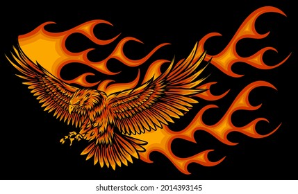 vector illustration of eagle with flames on black background