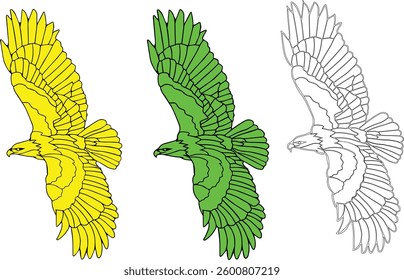 a vector illustration of an eagle in flight, shown in three variations: yellow, green, and outline, offering different design options.