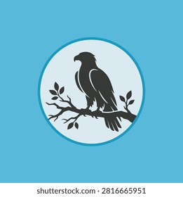Vector illustration of an eagle hawk bird perched on a tree branch inside a blue circle badge. Clean, scalable, and fully editable EPS vector asset.