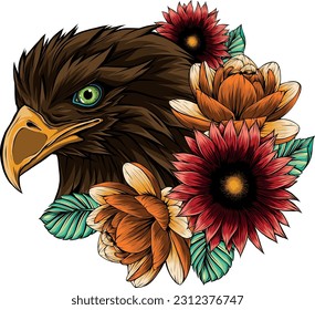 vector illustration of an eagle head with flowers