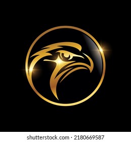 A vector illustration of Eagle Head in Golden Circle Logo in black background with gold shine effect