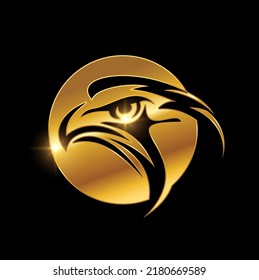 A vector illustration of Eagle Head in Golden Circle Logo in black background with gold shine effect