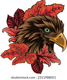 vector illustration of eagle head with leaves