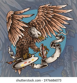 Vector illustration of Eagle holding liquor and painting tools