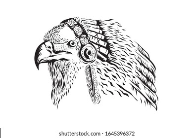 Vector Illustration Of Eagle With Indian Head Dress Black And White Inking Outline