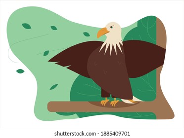 Vector illustration of an eagle on a tree branch, spreading its wings in a gust of wind.