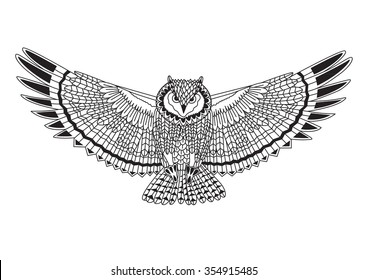 Vector illustration of Eagle owl. Black and white hand drawn zentangle art. Ethnic patterned vector illustration. Sketch for adult antistress coloring page, tattoo, poster, print, t-shirt and so on.