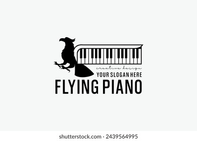 Vector illustration of an eagle piano music logo with a piano keyboard symbol on bird wings