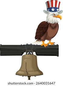 Vector illustration of an eagle wearing a patriotic hat, perched on a beam above the Liberty Bell