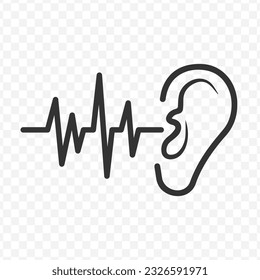 Vector illustration of ear hearing signals icon in dark color and transparent background(PNG).